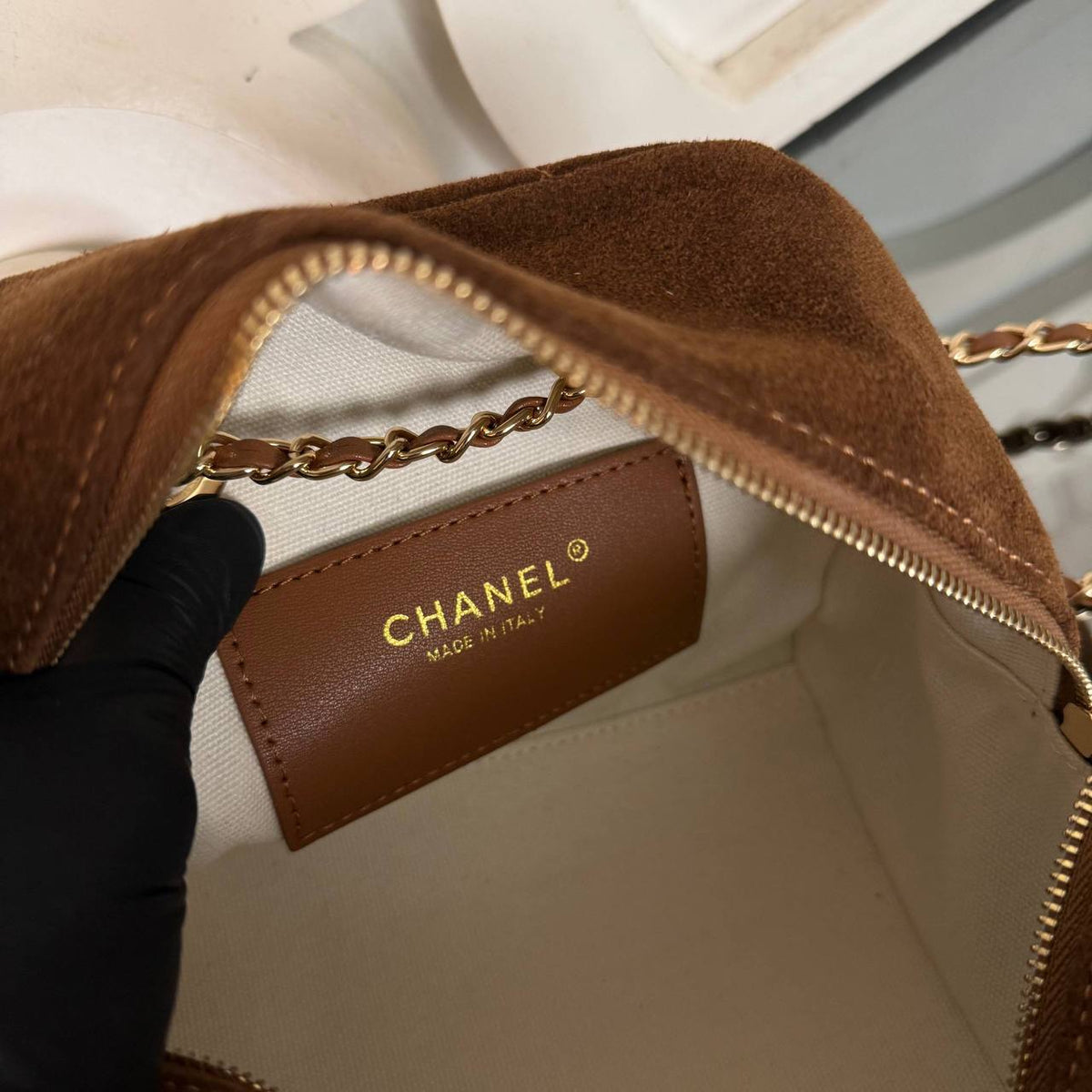 26A Suede Bowling Bag Small | Brown Suede | interior branding detail