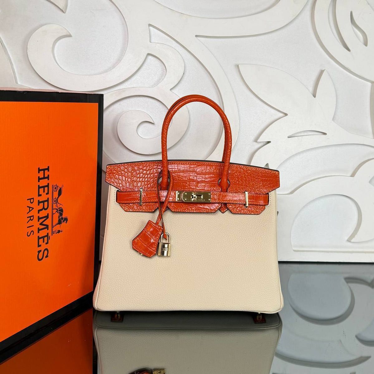 Birkin Bag 30 | Cream and Orange | front view