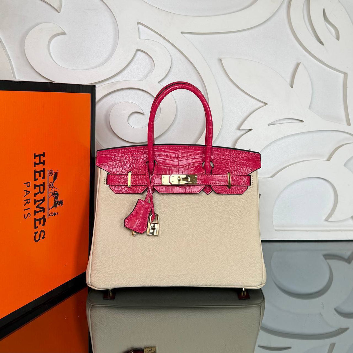 Birkin Bag 30 | Cream and Pink | front view