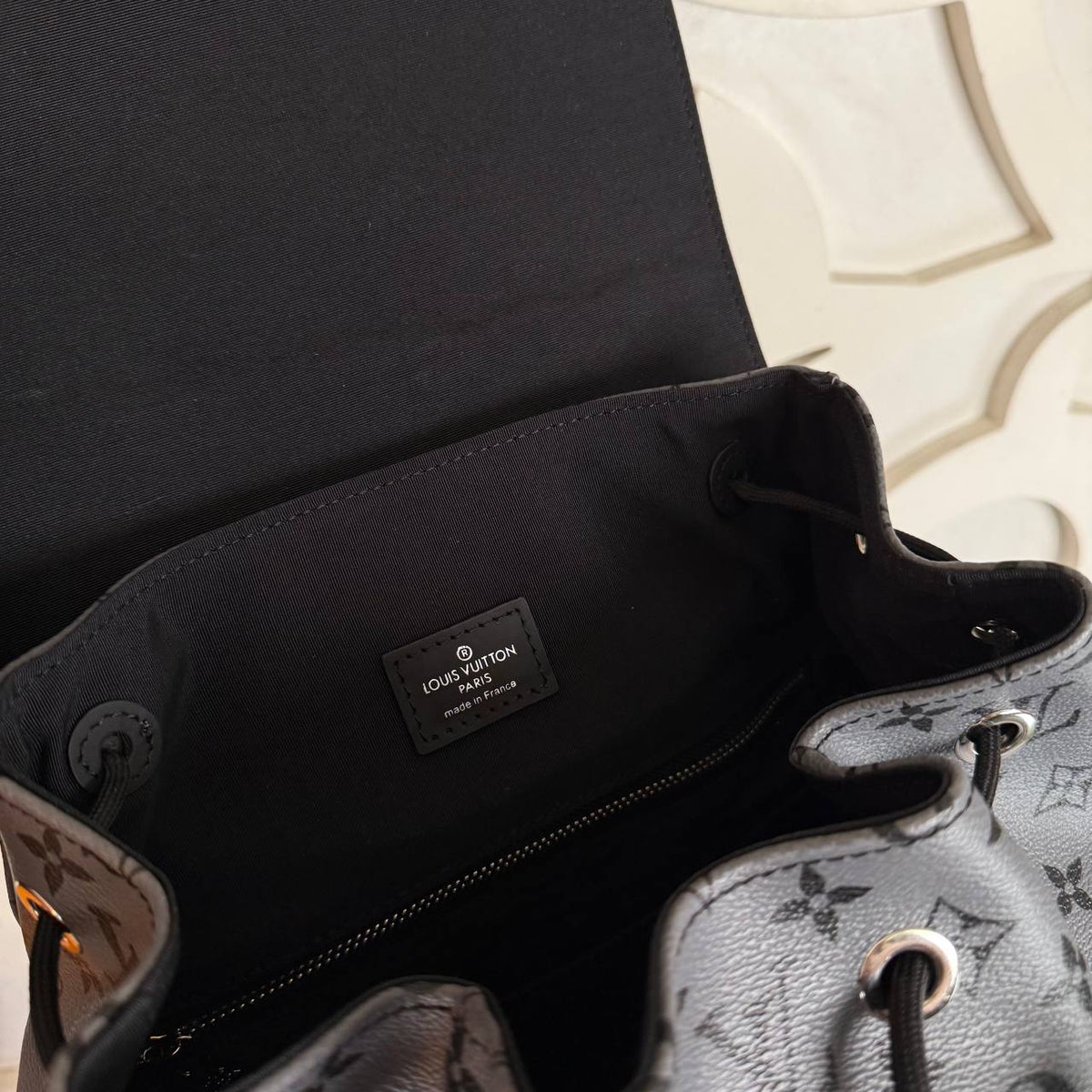 Christopher MM Backpack | Gray Monogram | interior detail