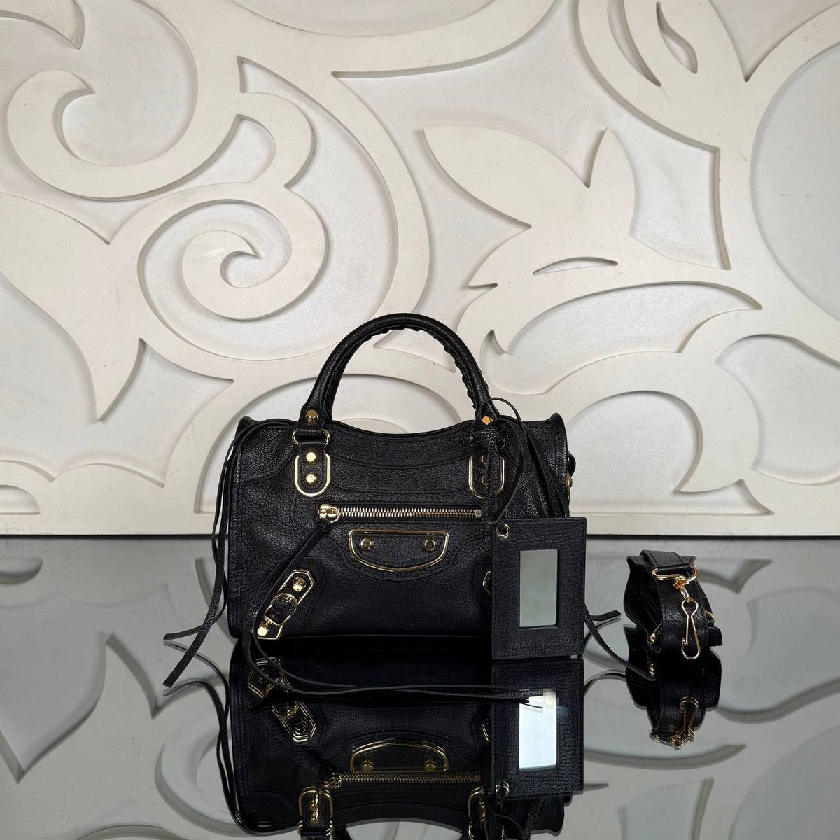 City Bag Small | Black | front view with strap