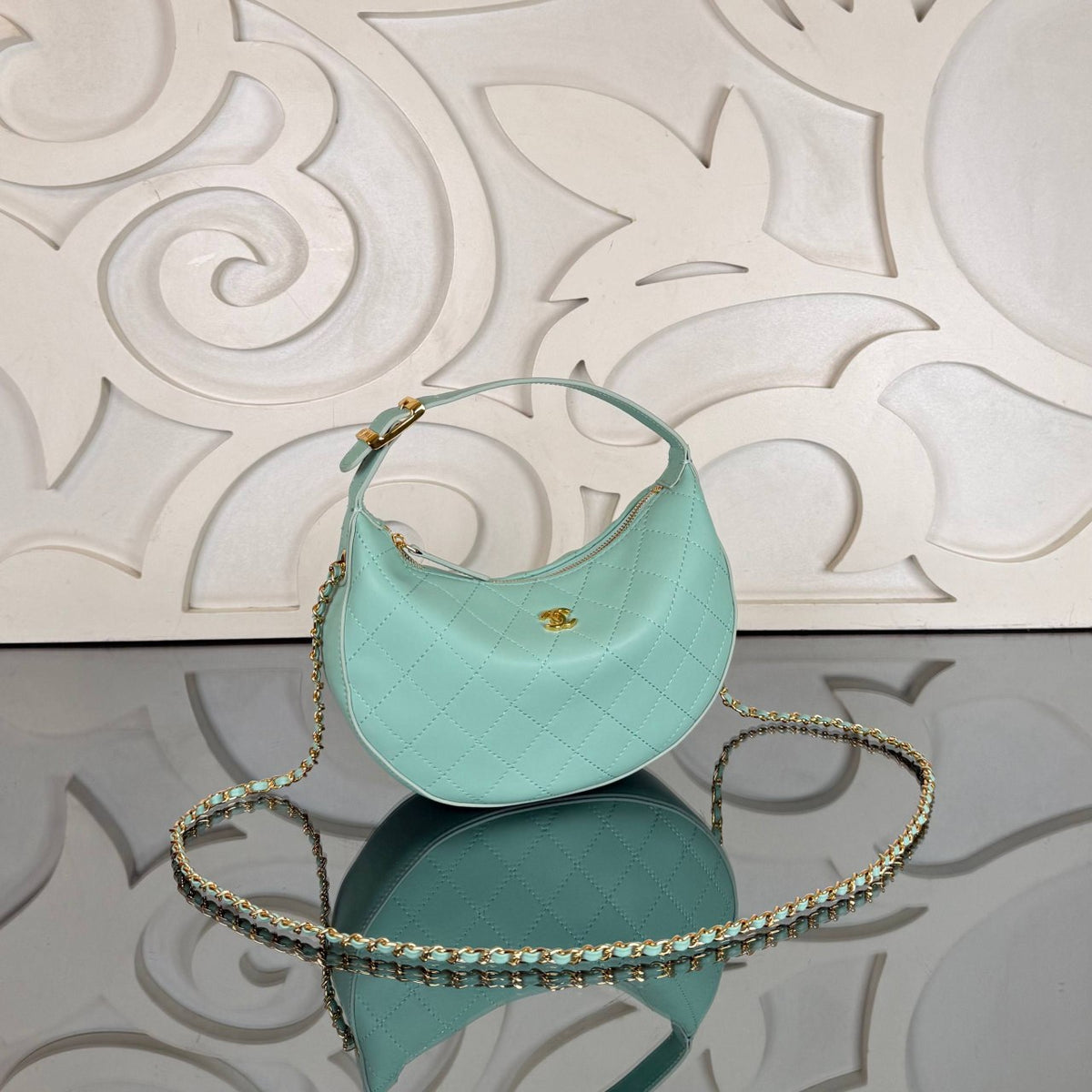 Clutch with Chain Bag | Mint Green | angled view