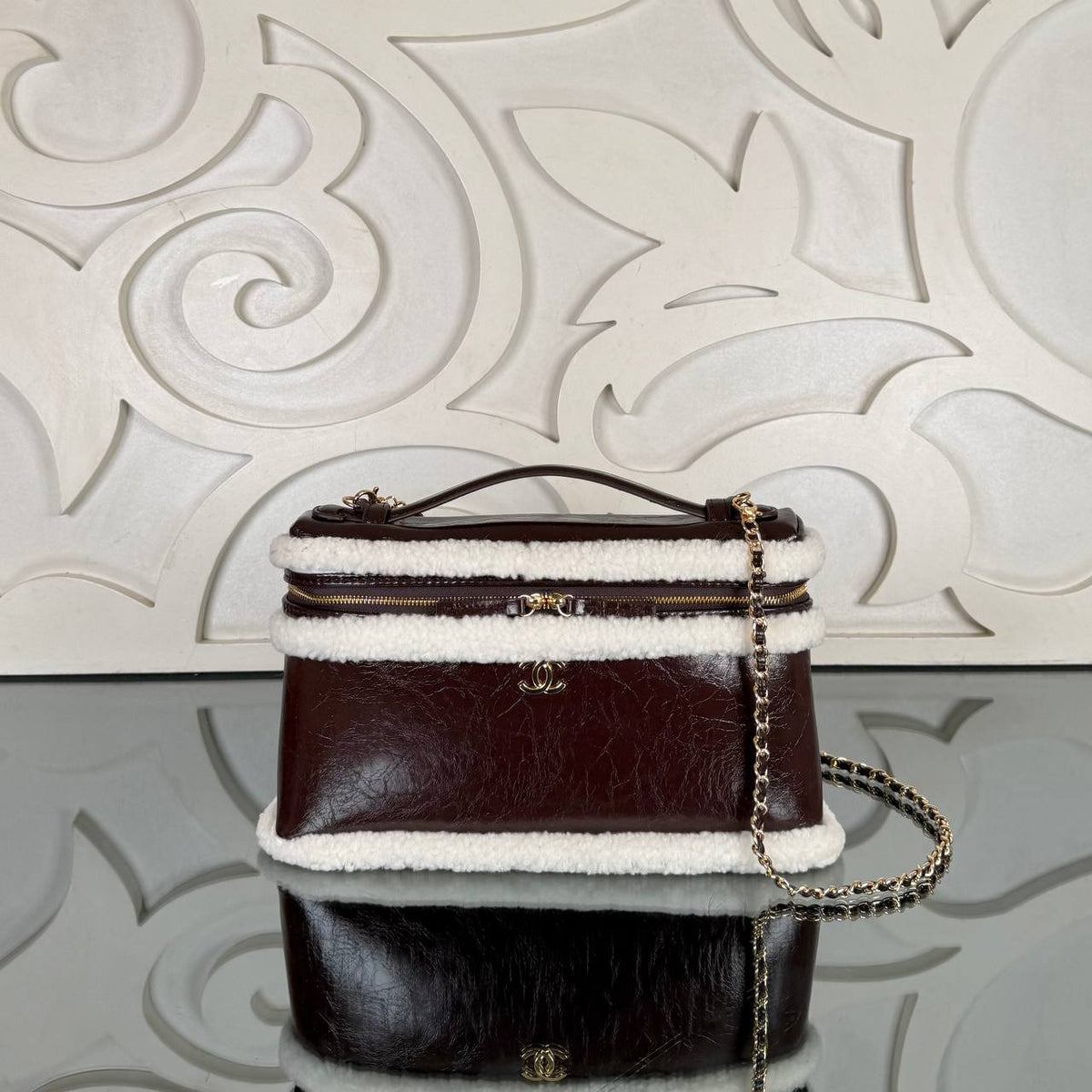 Large Shearling Vanity Case with Chain | Burgundy | view 1