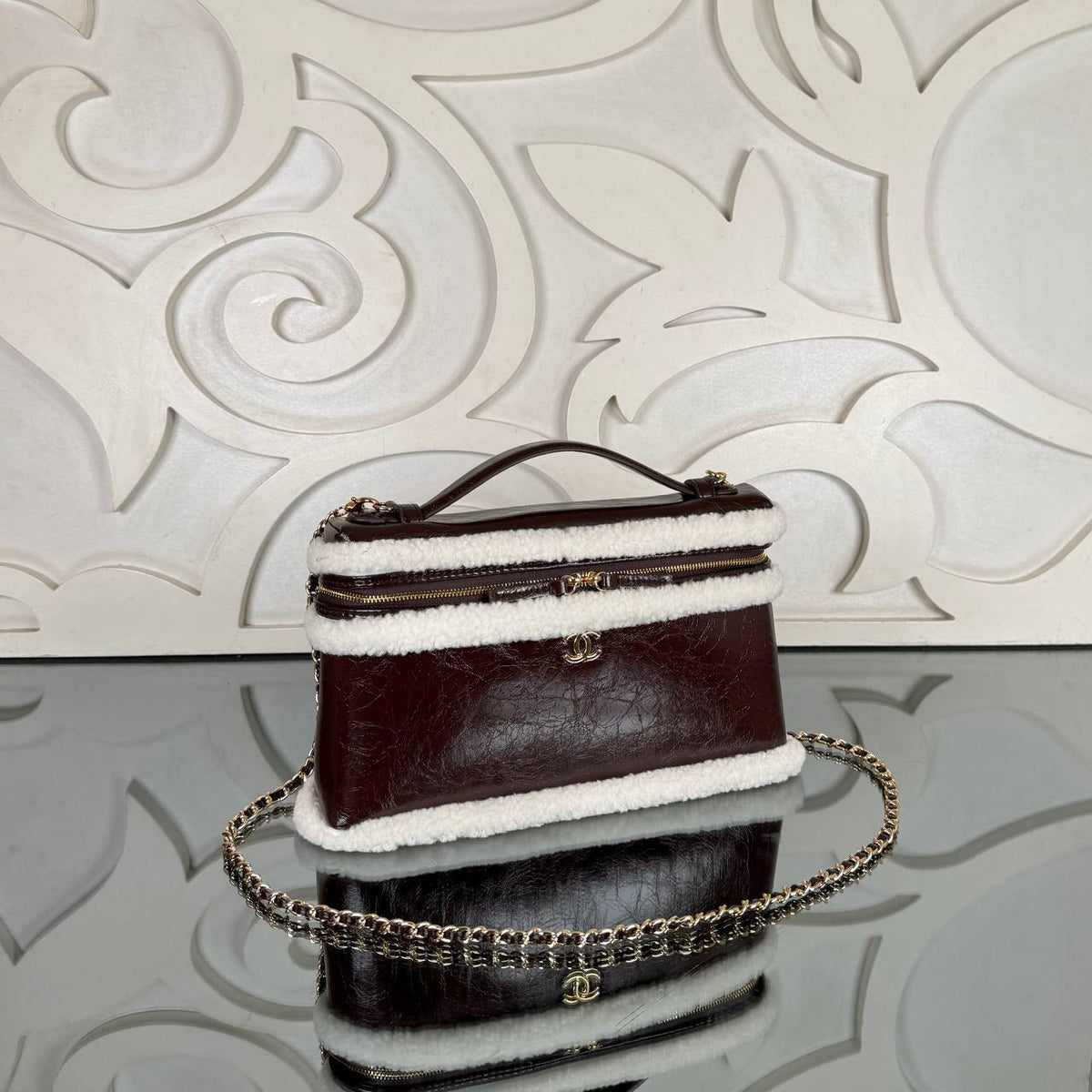 Large Shearling Vanity Case with Chain | Burgundy | view 2