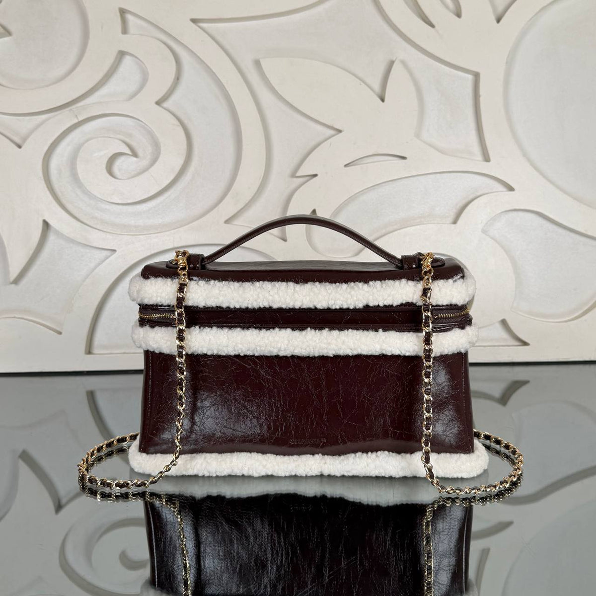 Large Shearling Vanity Case with Chain | Burgundy | view 3