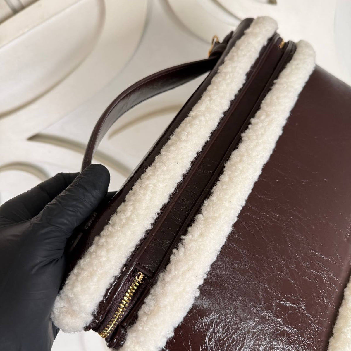 Large Shearling Vanity Case with Chain | Burgundy | view 4