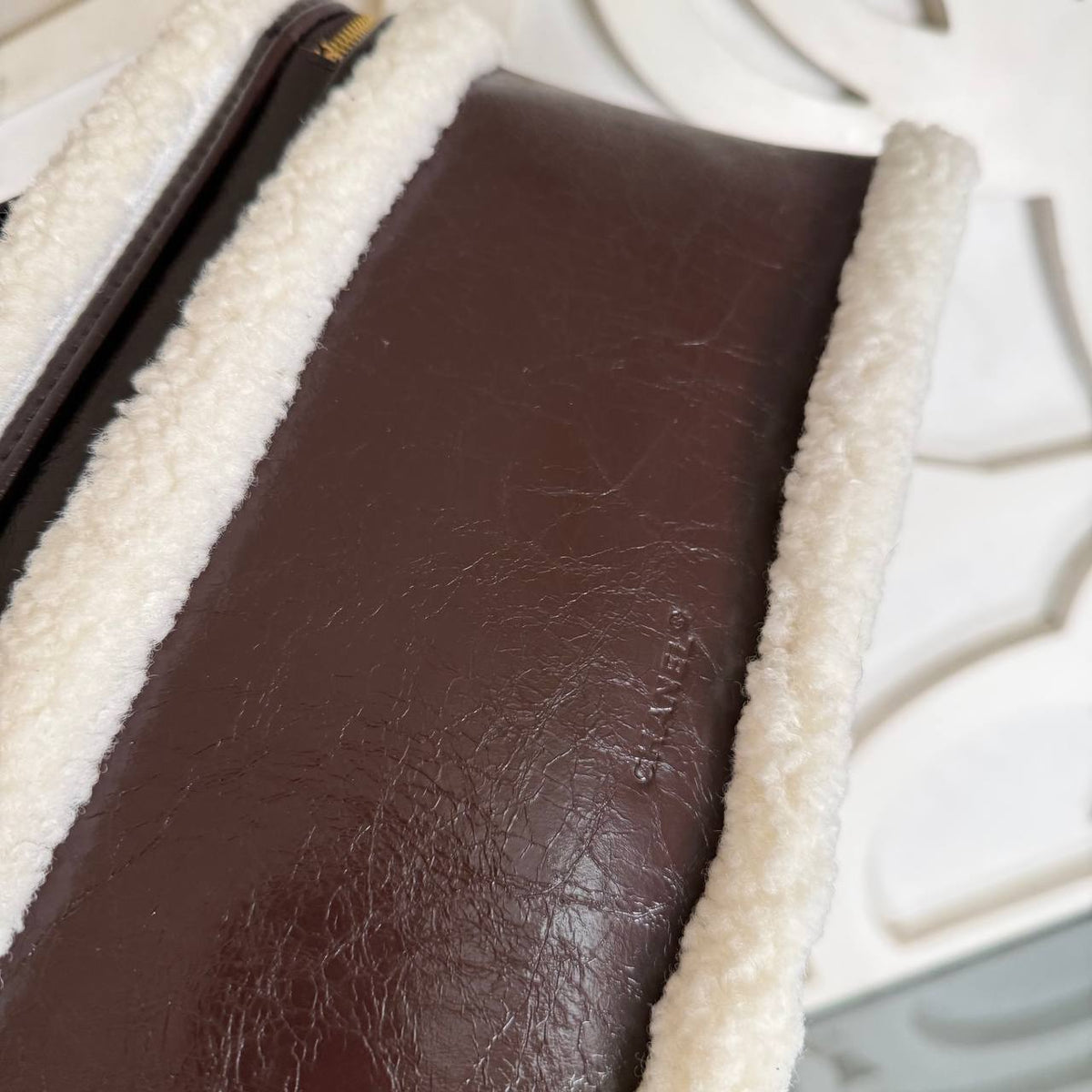 Large Shearling Vanity Case with Chain | Burgundy | view 5