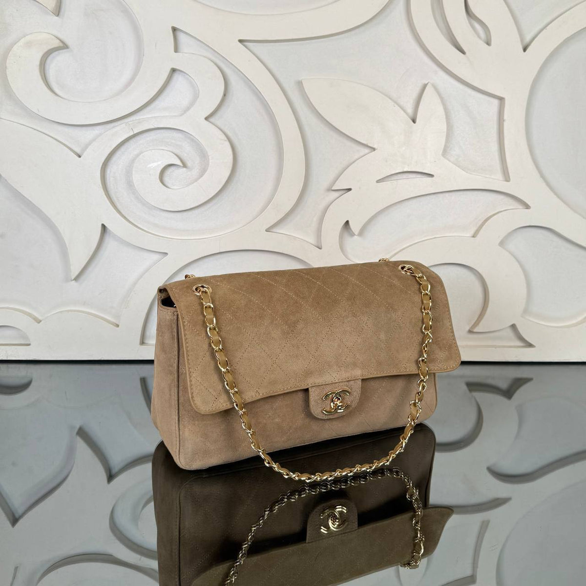 Large Suede Flap Bag | Tan | angled view