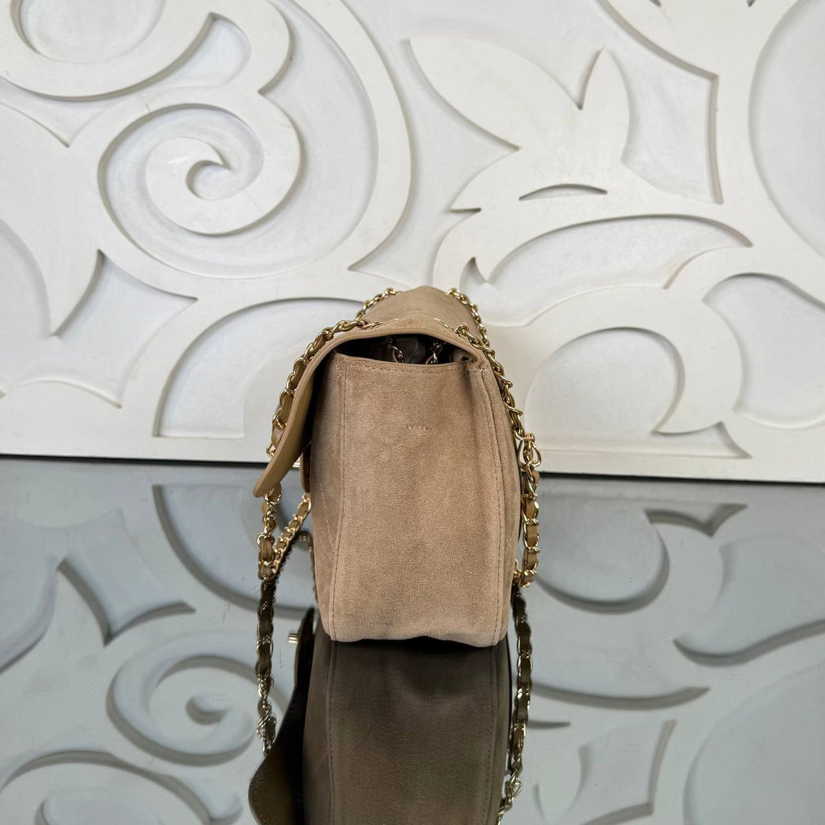 Large Suede Flap Bag | Tan | side view