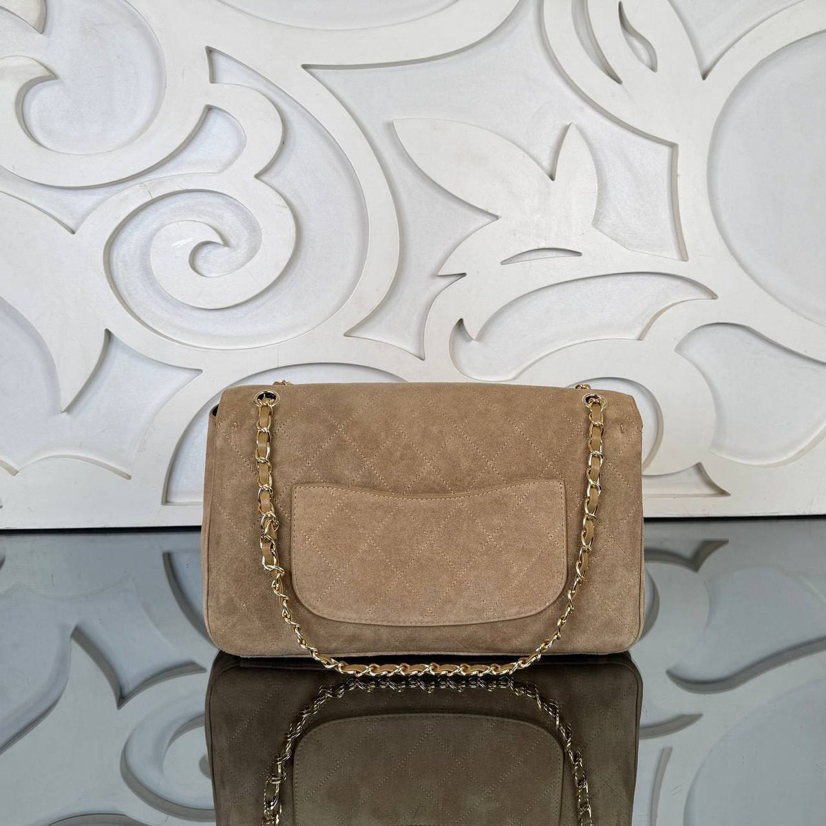 Large Suede Flap Bag | Tan | back view