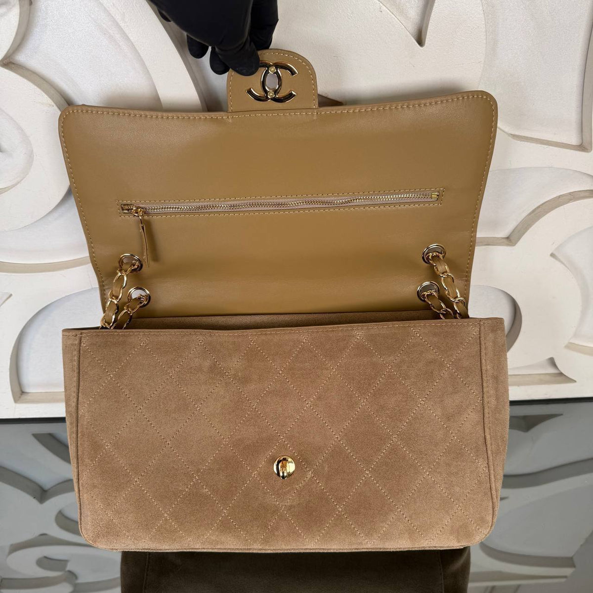 Large Suede Flap Bag | Tan | open view