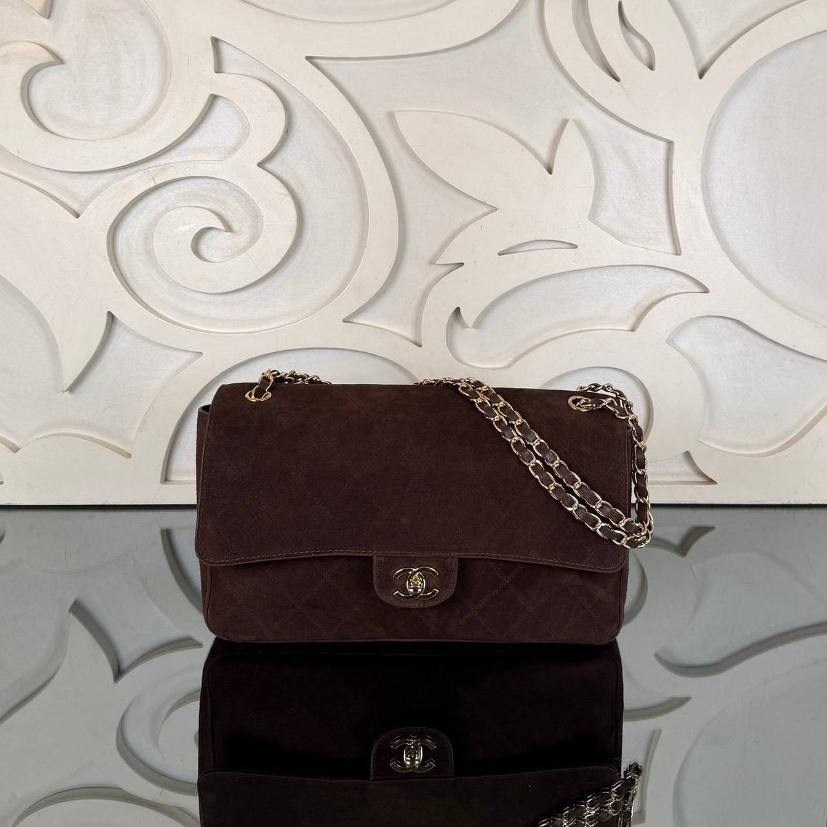 Large Suede Flap Bag | Dark Brown | front view