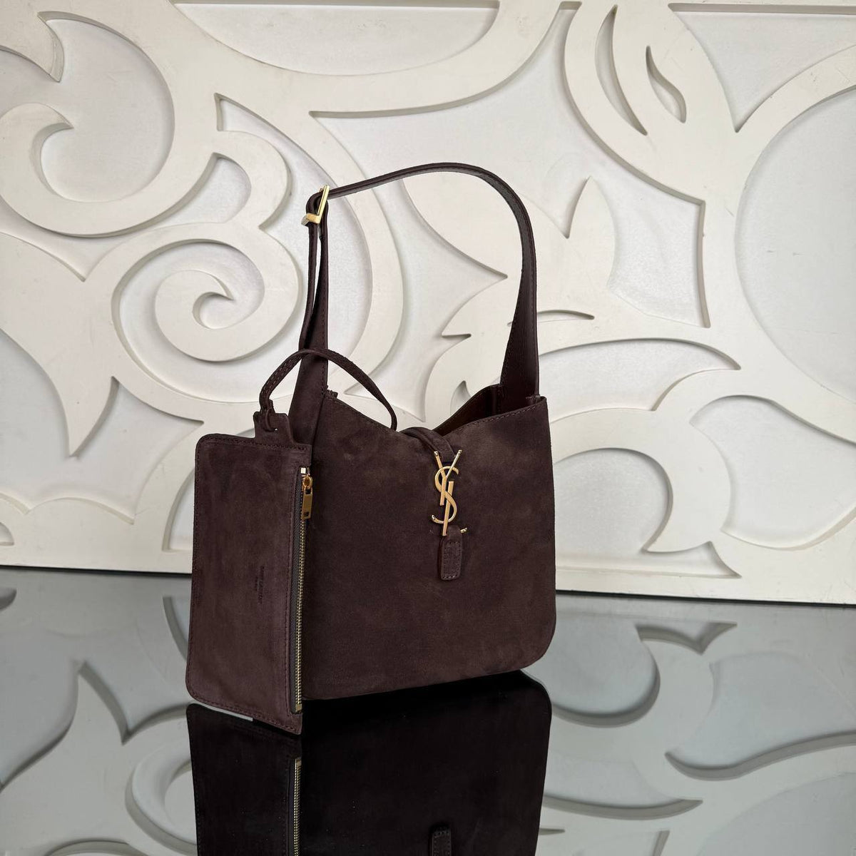 Le 37 Small Suede Bag | Dark Brown | angled view