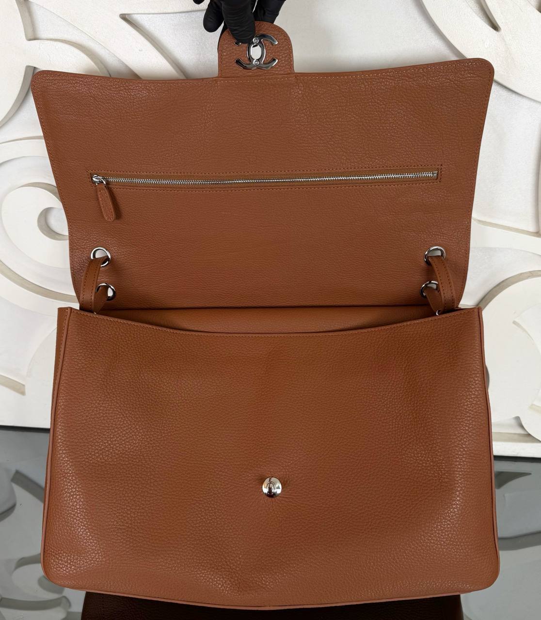 Maxi Flap Bag | Tan | interior flap view