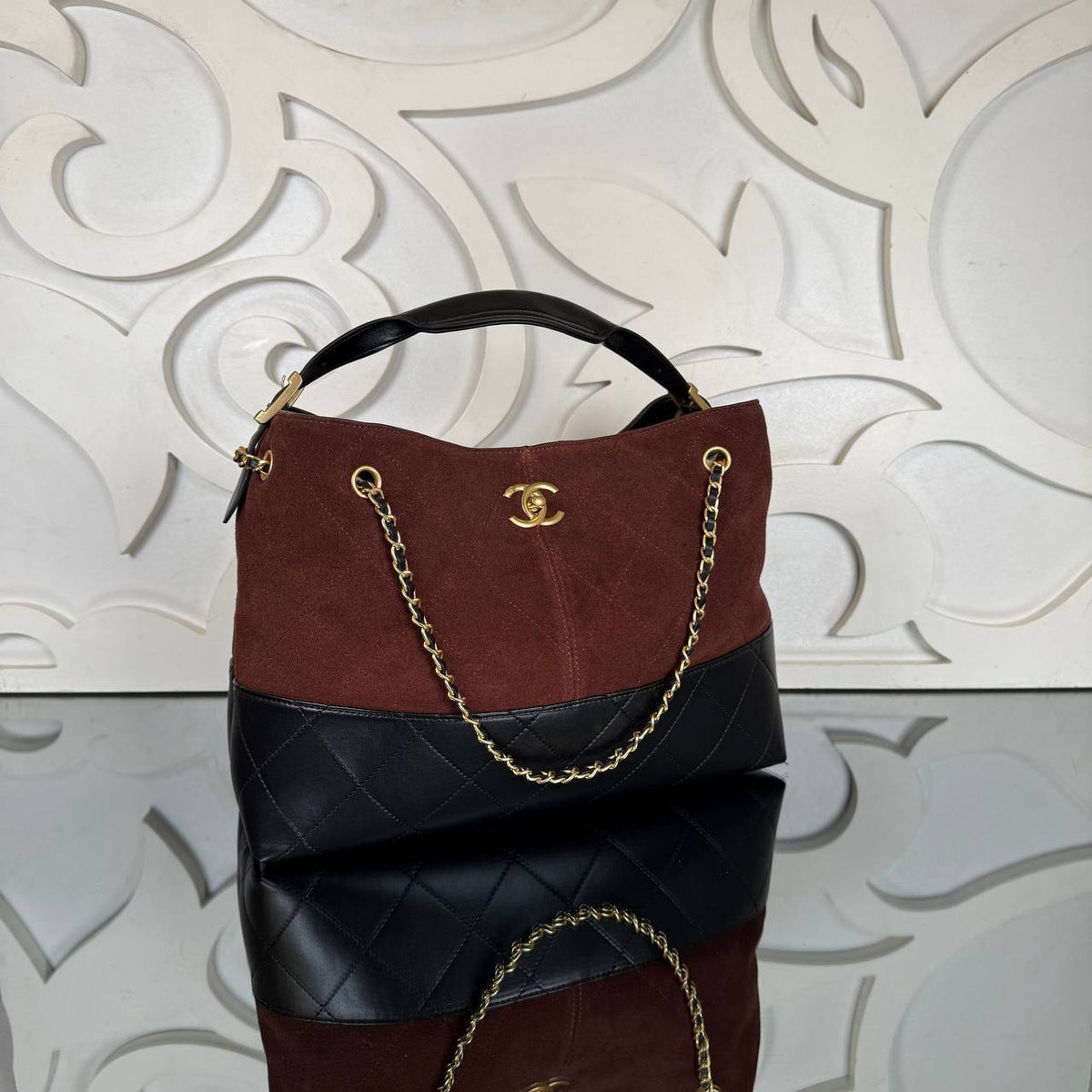 Medium Suede Shopping Bag | Brown and Black | angled view