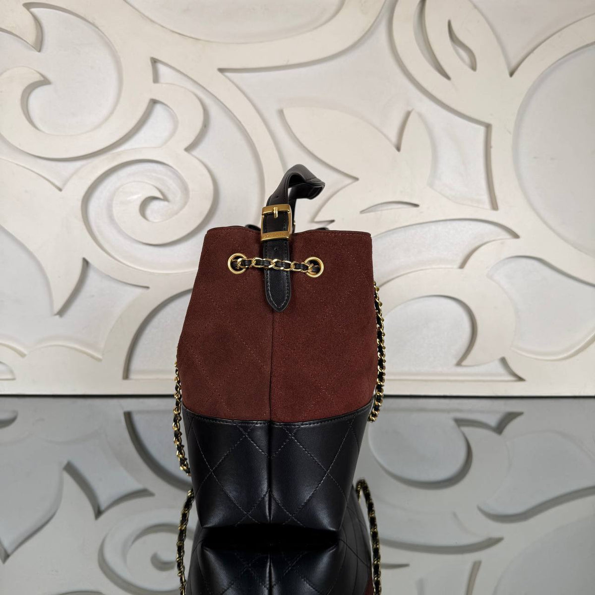 Medium Suede Shopping Bag | Brown and Black | side view