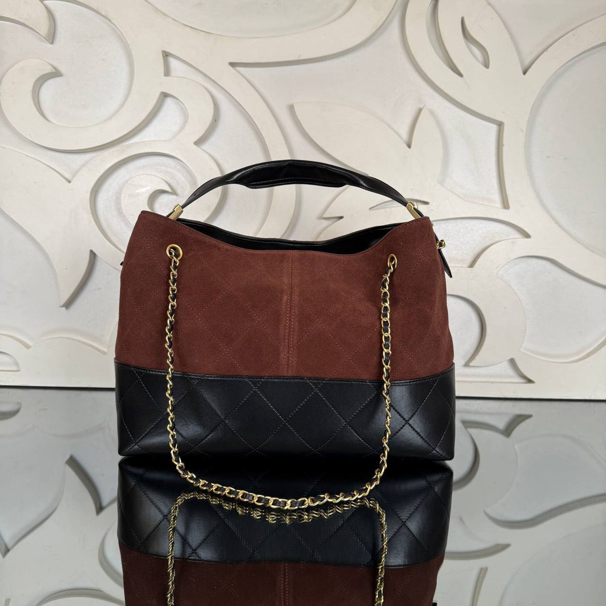 Medium Suede Shopping Bag | Brown and Black | back view
