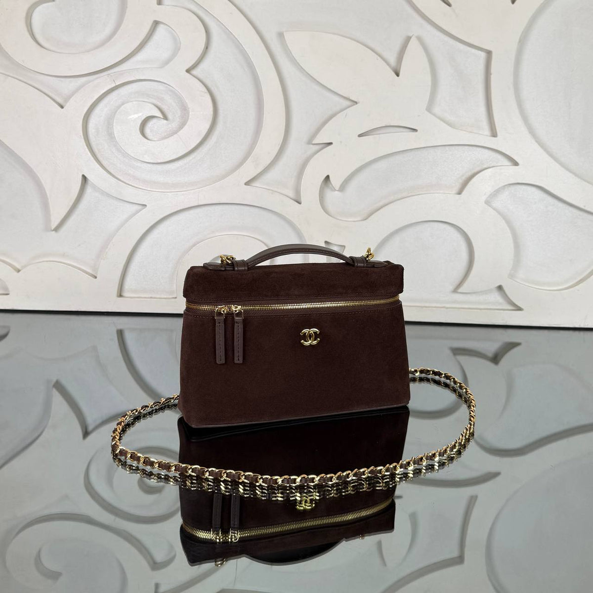 Medium Vanity Bag with Chain | Dark Brown | angled view