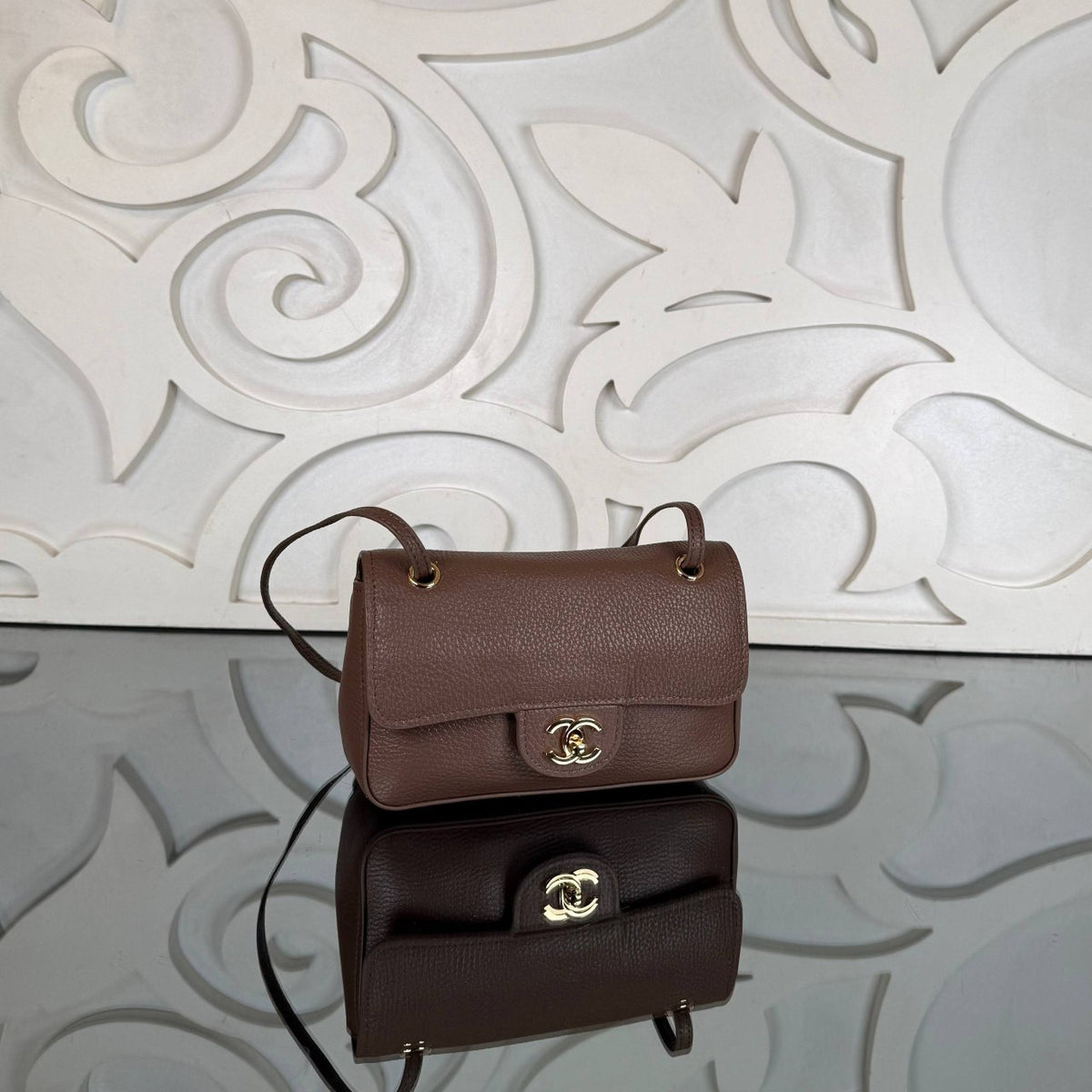 Mini Flap Bag | Taupe | angled view