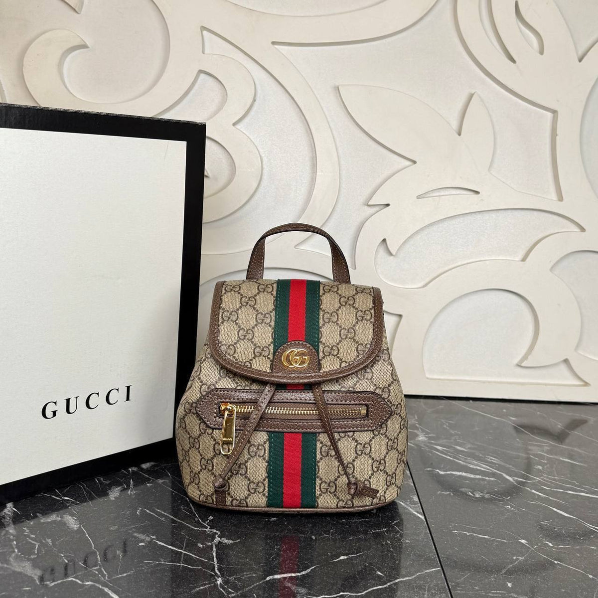 Ophidia Small Backpack | Beige GG Monogram | front view
