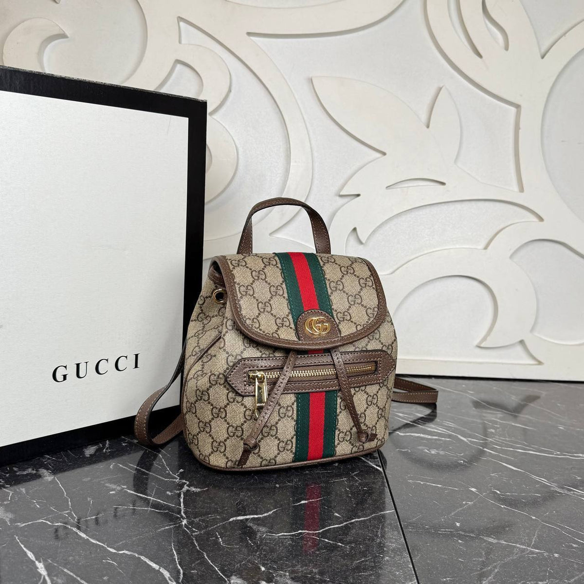 Ophidia Small Backpack | Beige GG Monogram | angled view