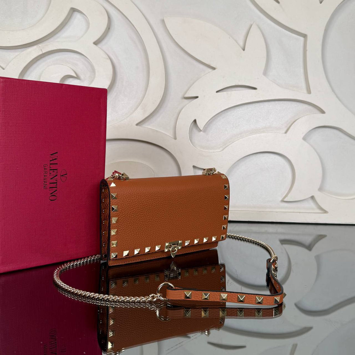 Rockstud Mini Flap Bag | Tan | angled view