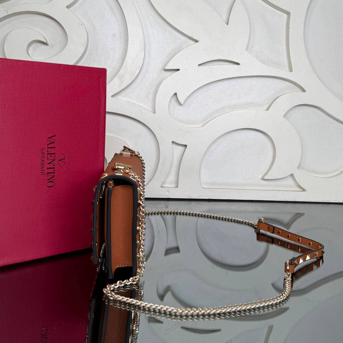 Rockstud Mini Flap Bag | Tan | side view