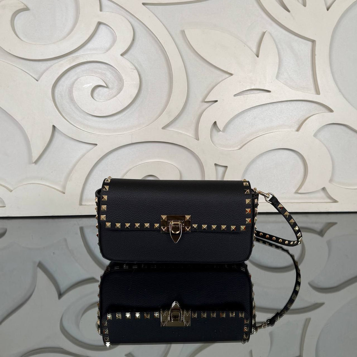 Rockstud Small Flap Bag | Black - Gold Hardware | front view