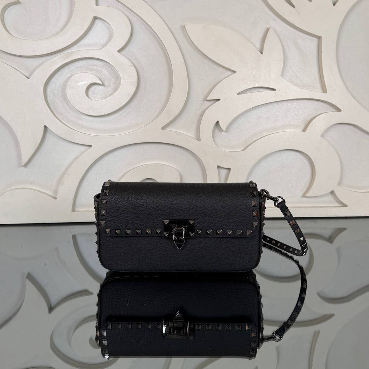 Rockstud Small Flap Bag | Black - Black Hardware | front view