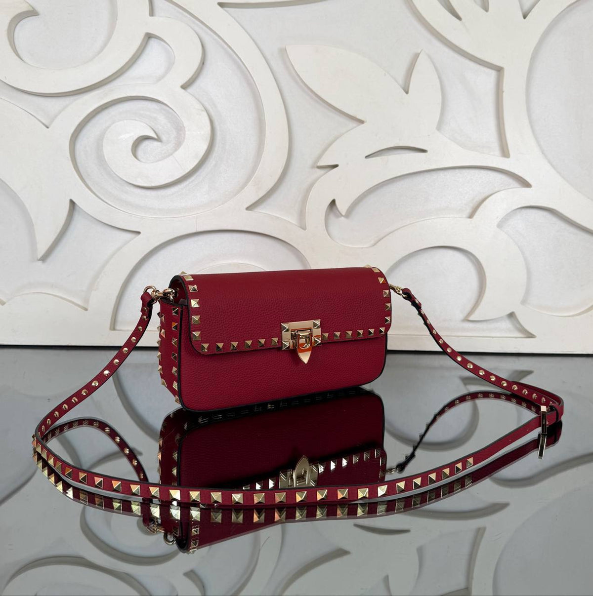 Rockstud Small Flap Bag | Red | angled view