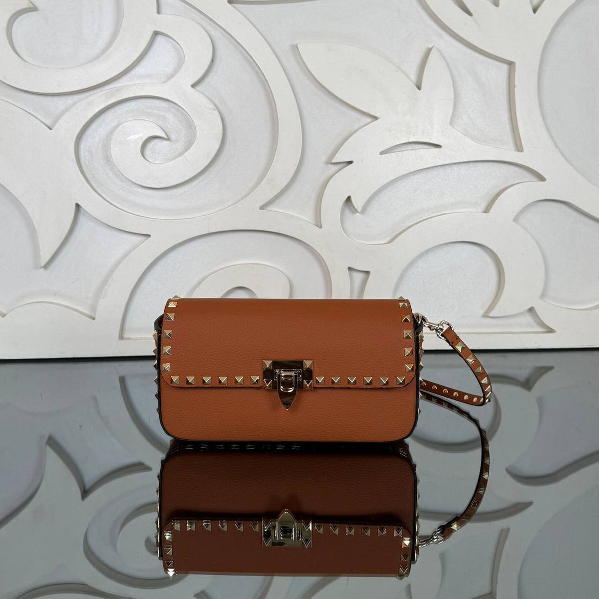 Rockstud Small Flap Bag | Tan | front view