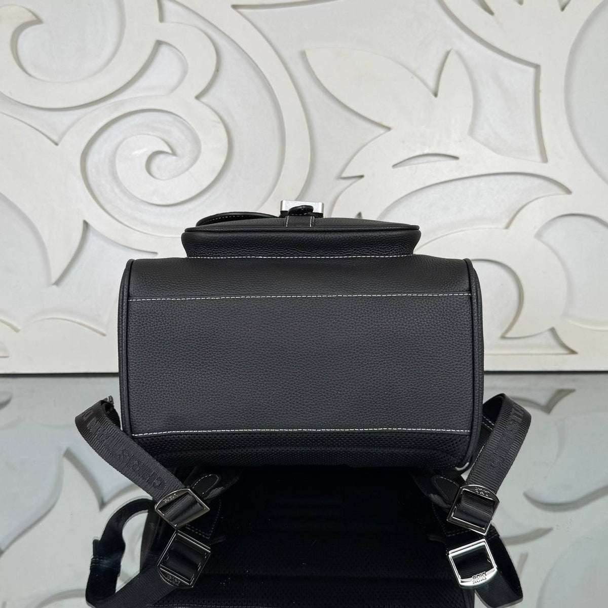 Saddle Backpack with Flap in Grained Calfskin | Black | bottom view