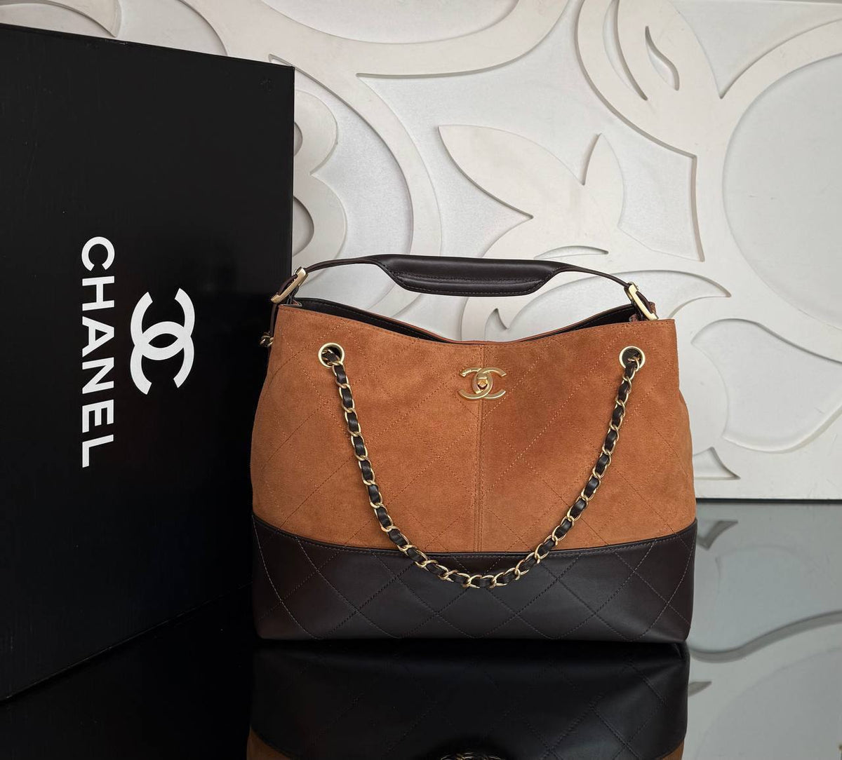 Shopping Bag Medium | Tan and Dark Brown | front view