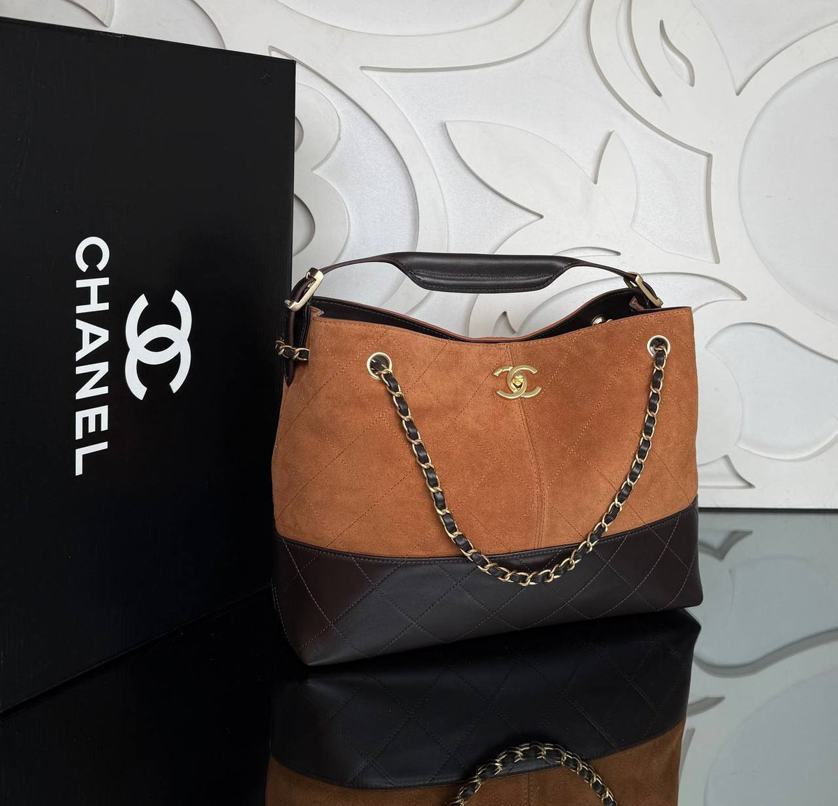 Shopping Bag Medium | Tan and Dark Brown | angled view