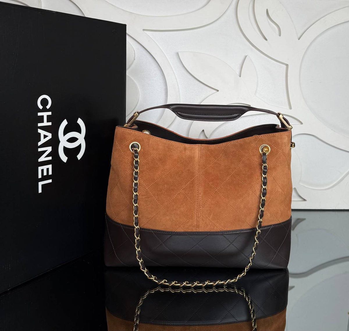 Shopping Bag Medium | Tan and Dark Brown | back view
