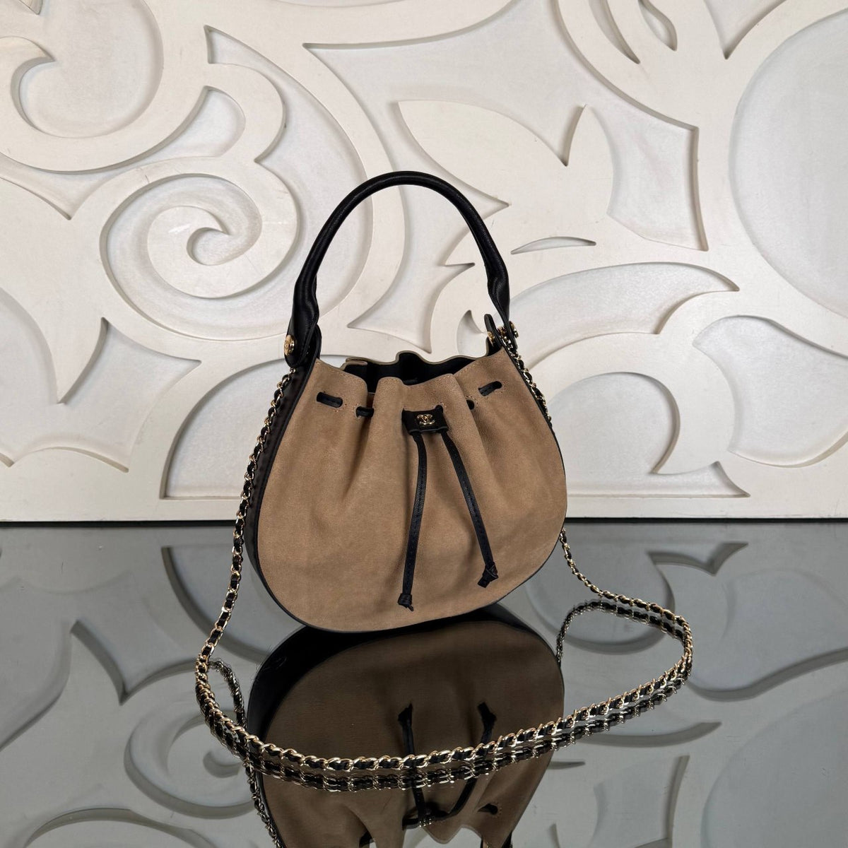 Small Hobo Bag | Beige Suede | angled view